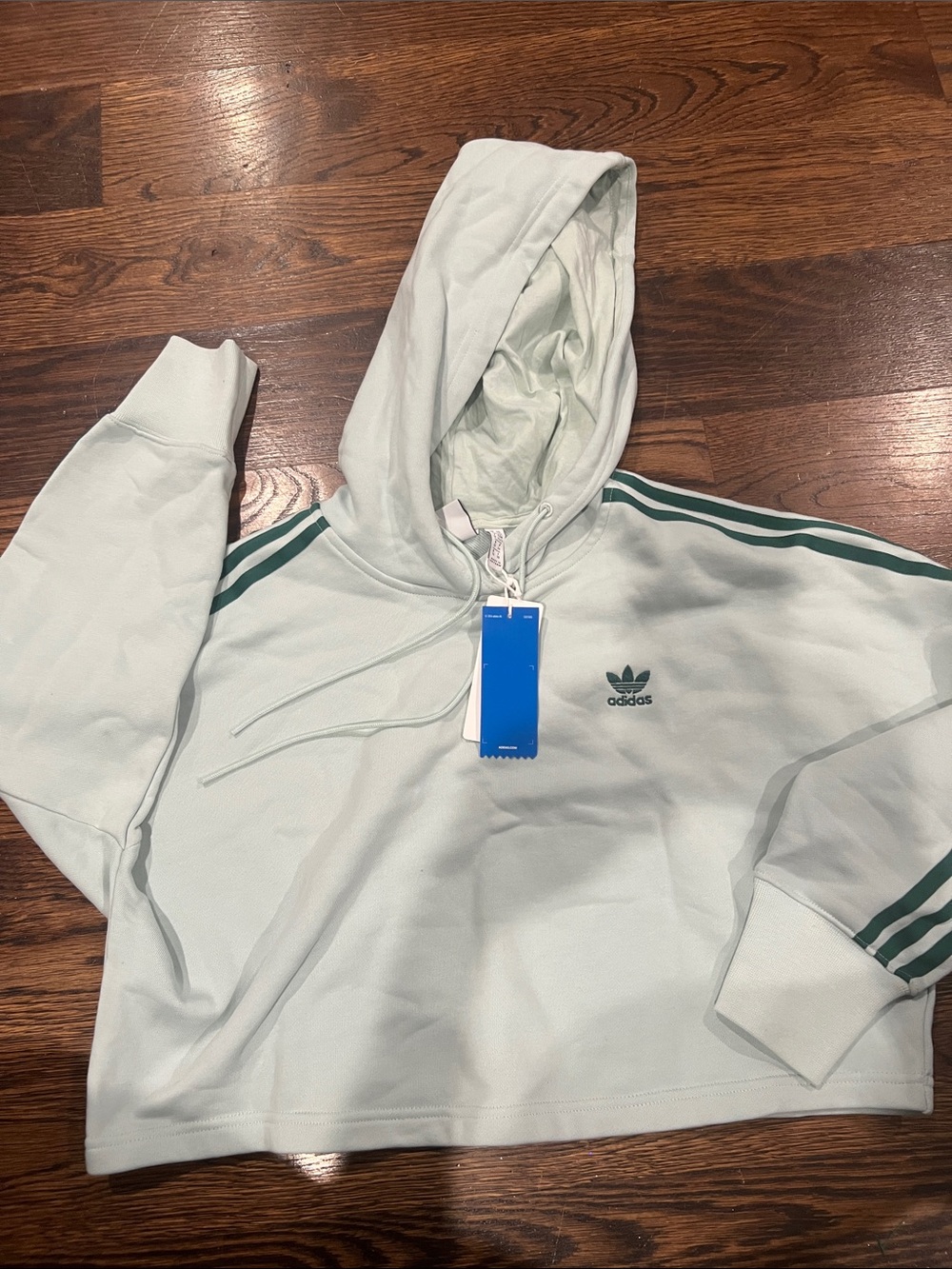 adidas Mint Green Cropped Hoodie with Dark Green Stripes